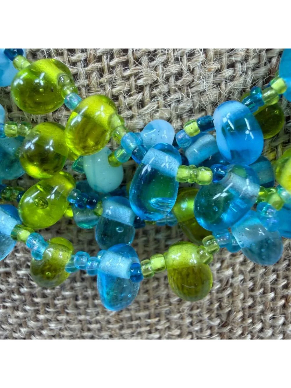 Multistrand Blue & Green Glass Beaded Necklace - Statement Piece Women Vintage